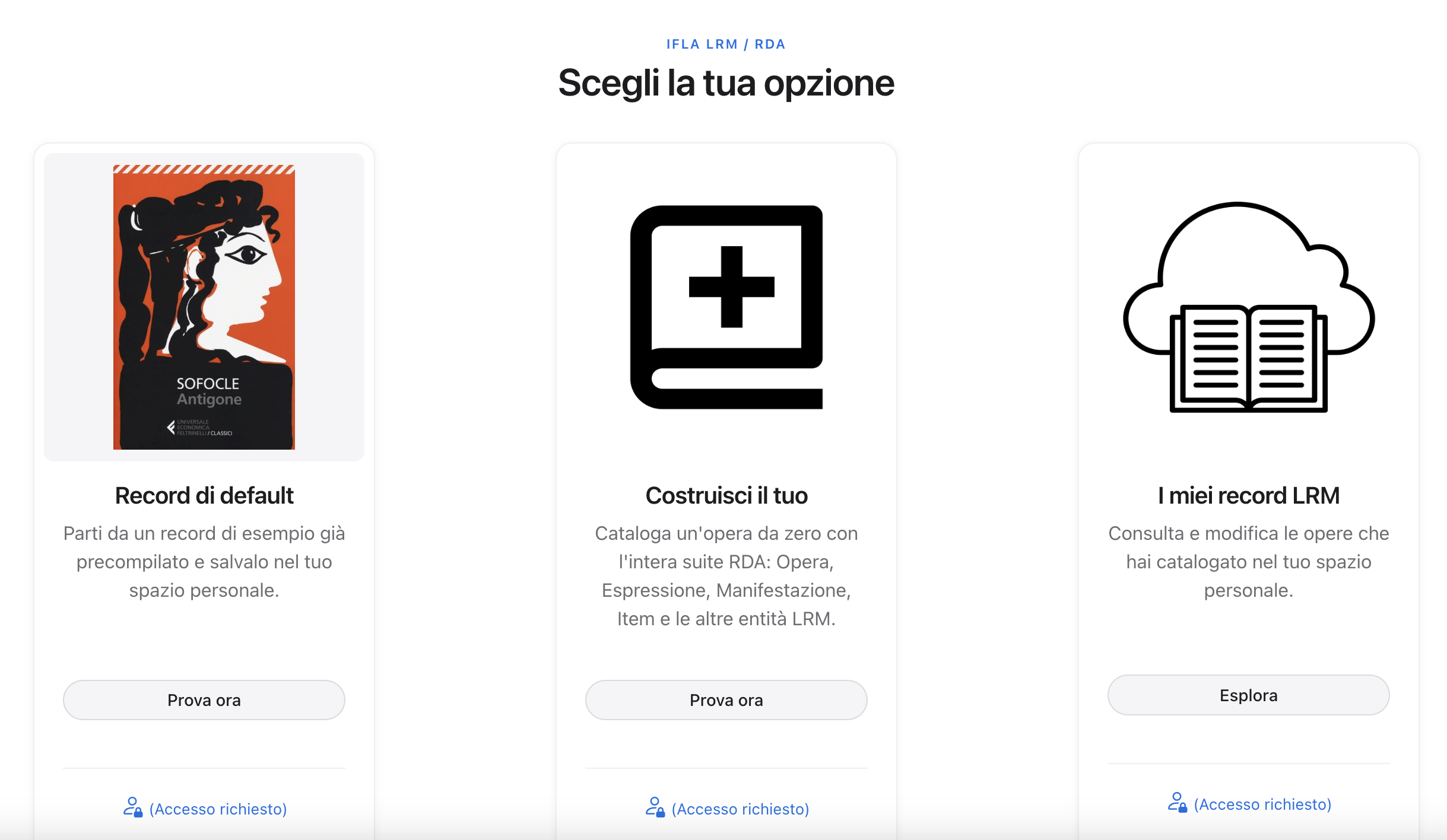Hub di catalogazione IFLA LRM/RDA: record di default, catalogazione libera, e i propri record